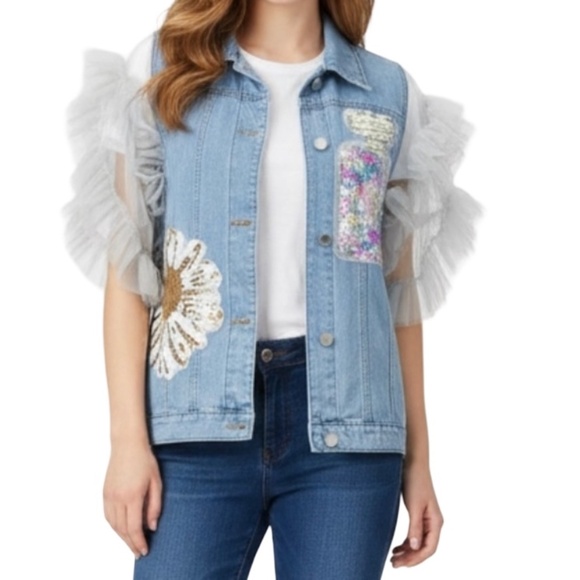 N BY NANCY Jackets & Blazers - #A129  N By Nancy  Denim Vest  cottagecore  Ruffled Organza Sleeves  NWT  L